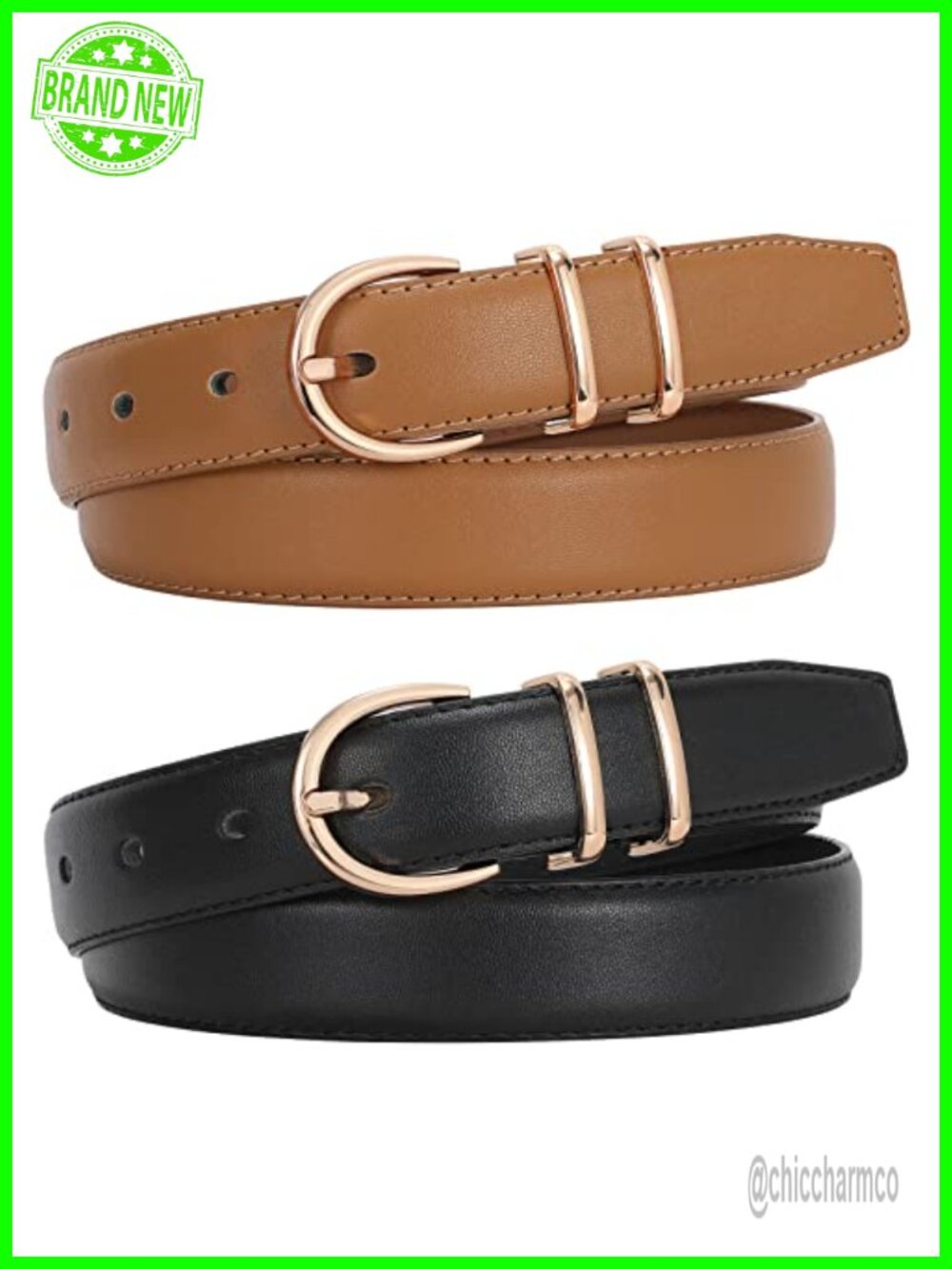 2 Pack Women PU Leather Belts Gold Buckle Jeans Waist Belt Adjustable